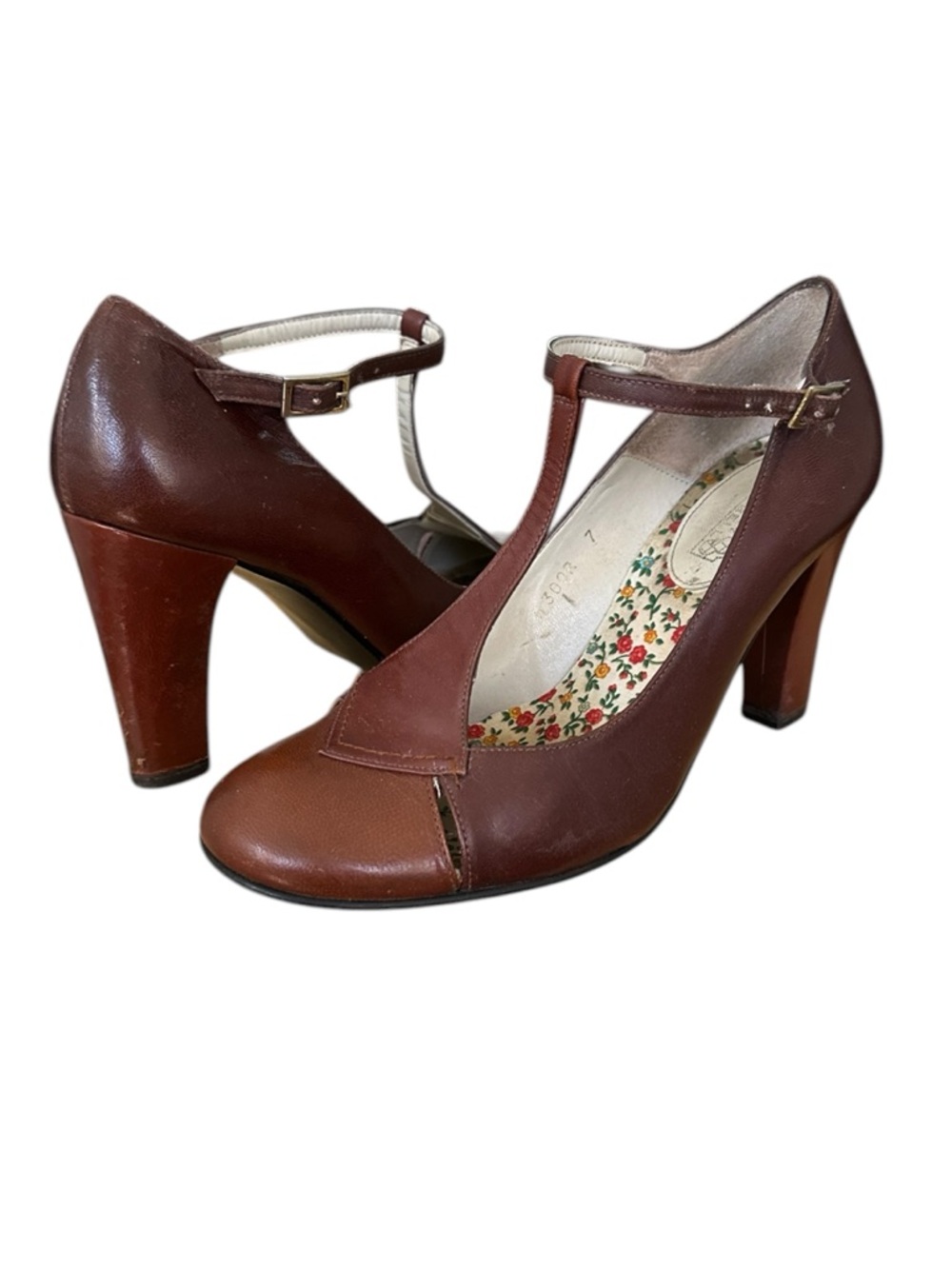 JEFFREY‎ CAMPBELL Brown Leather T-Strap Heels Vintage-Inspired Mary Jane Pumps 7